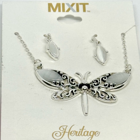 Mixit Silver Tone and Faux Mother of Pearl Dragonfly Pendant Necklace and Earrin - Picture 2 of 10